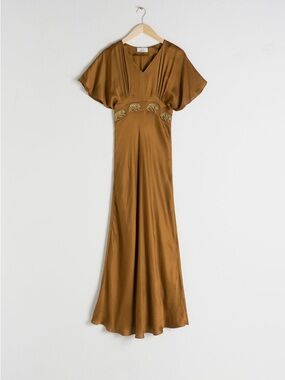 & Other Stories Bronze Satin Maxi Dress with Beaded Leopard Detail